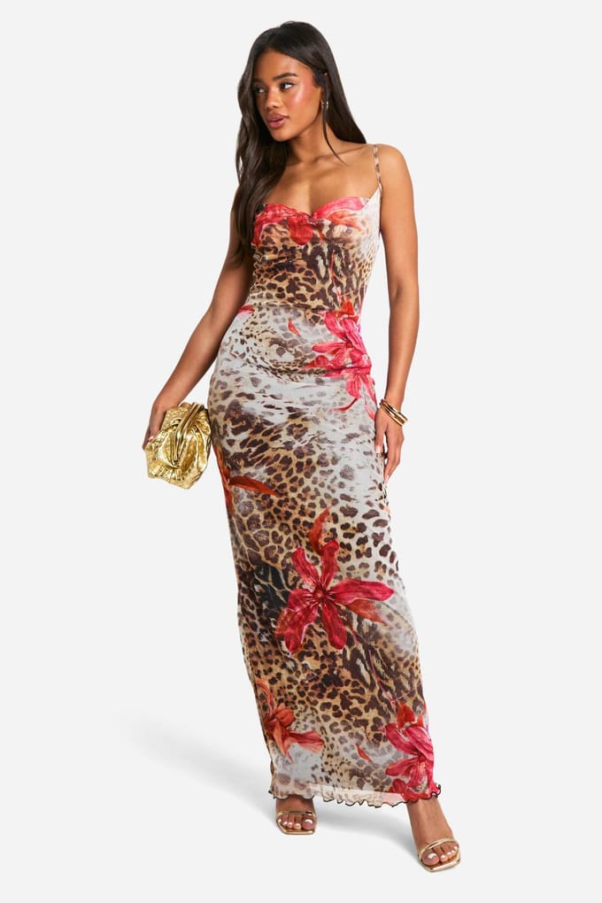 boohoo Dames Mesh Luipaard Bloemen Cowl Maxi | Maat: 36