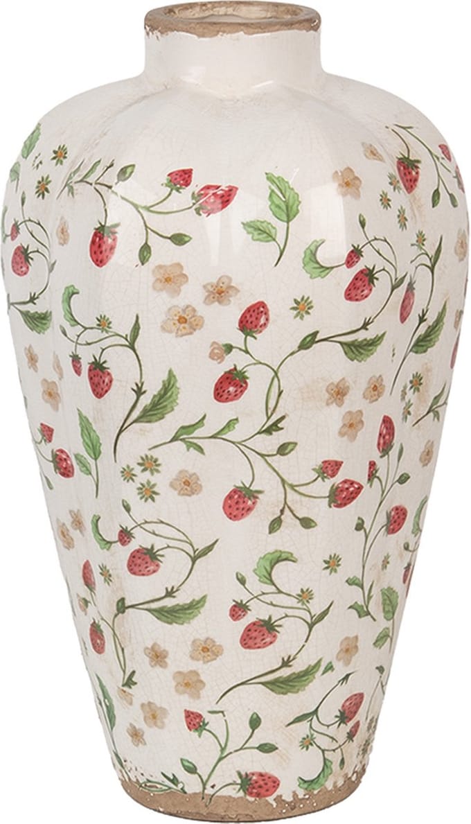 Clayre & Eef Vaas Ø 24x40 cm Beige Rood Keramiek Aardbeien