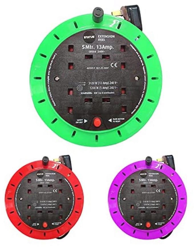 4 Socket Extension Cable Reel 5m 13A 240V Power Strip with Safety Cut Out - Heavy Duty