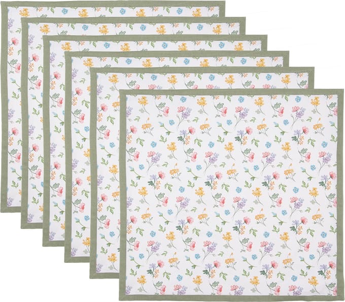 Clayre & Eef Servetten Katoen Set van 6 40x40 cm Wit Groen Vierkant Bloemen