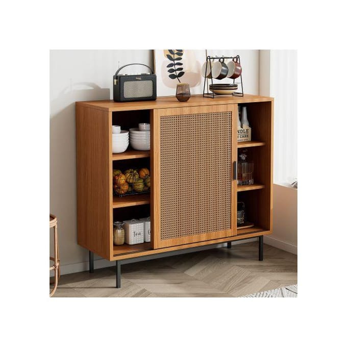 Meuble de cuisine - MUVOE - Commode - 2 portes coulissantes - Étagères réglables - Marron