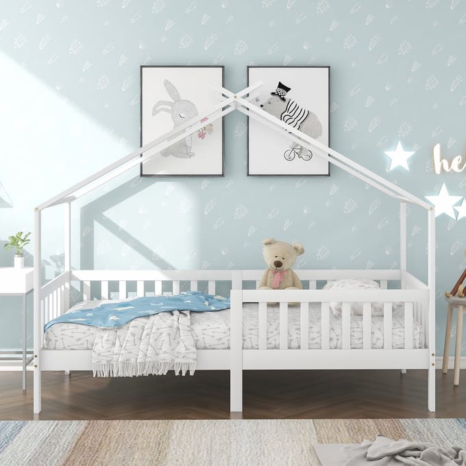 REDOM Kinderbed – 90x200 cm – Huisvorm met veiligheidshek – Massief grenenhout – Wit