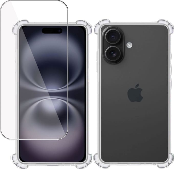 Hoesje + Screenprotector geschikt voor Apple iPhone 16 – Tempered Glass - Extreme Shock Case Transparant