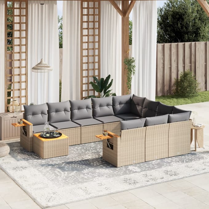 vidaXL - 11-delige - Tuinset - met - kussens - poly - rattan - beige