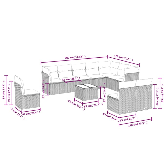 vidaXL - 11-delige - Tuinset - met - kussens - poly - rattan - beige