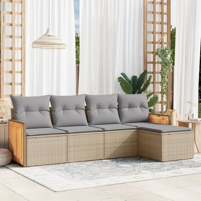 vidaXL - 5-delige - Loungeset - met - kussens - poly - rattan - beige