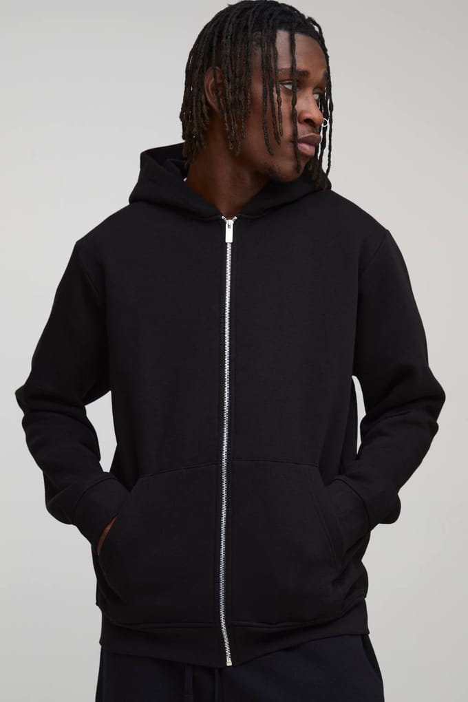 Lange Basic Regular Hoodie met ritssluiting | Black | Size Medium