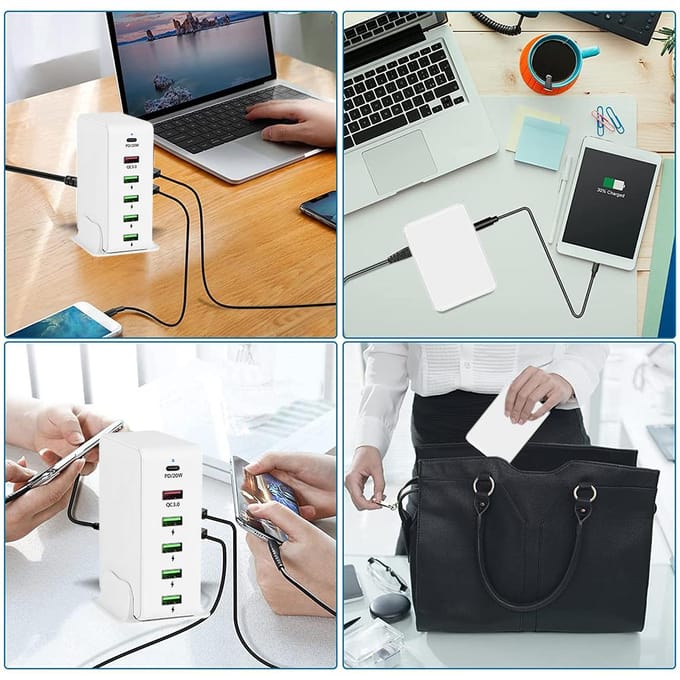 65W 6 poorten USB C laadstation Multiports Hub Draagbare PD3.0 & QC3.0 Snelle USB C-wandlader UK Plug white