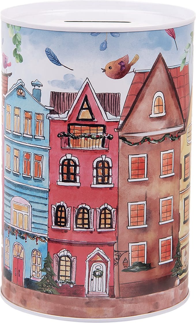 Clayre & Eef Spaarpot Ø 10x15 cm Roze Metaal Huizen
