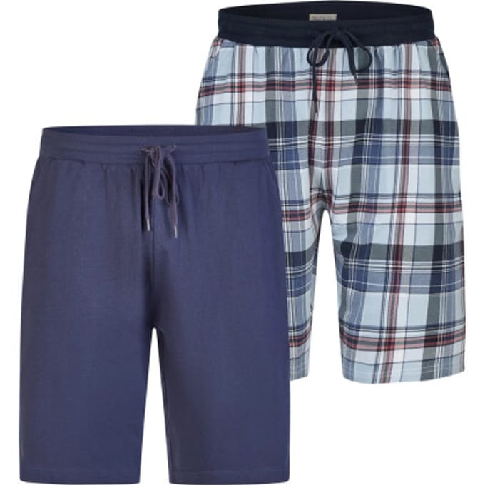Phil & Co Heren Korte Pyjamabroeken 2-Pack Blauw Geruit/Donkerblauw - Maat M
