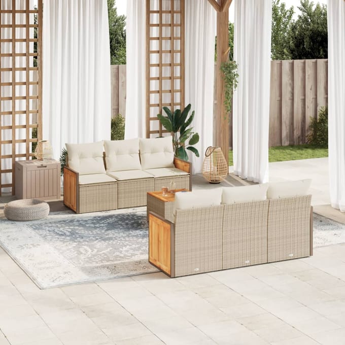 vidaXL - 7-delige - Loungeset - met - kussens - poly - rattan - beige