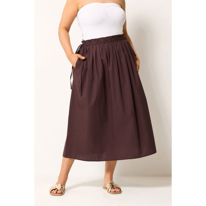 Yours Chocoladebruine Poplin Midi Rok Size 42