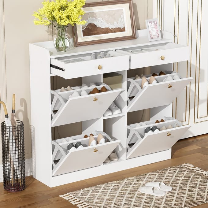 Sweiko Schoenenkast - 4 draaideuren - 2 laden + 3 open vakken - Modern - 110 x 26 x 100 cm - Wit