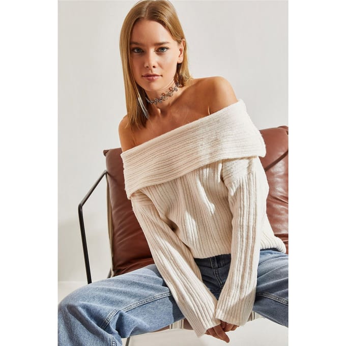 Off Shoulder Geribbelde Gebreide Trui