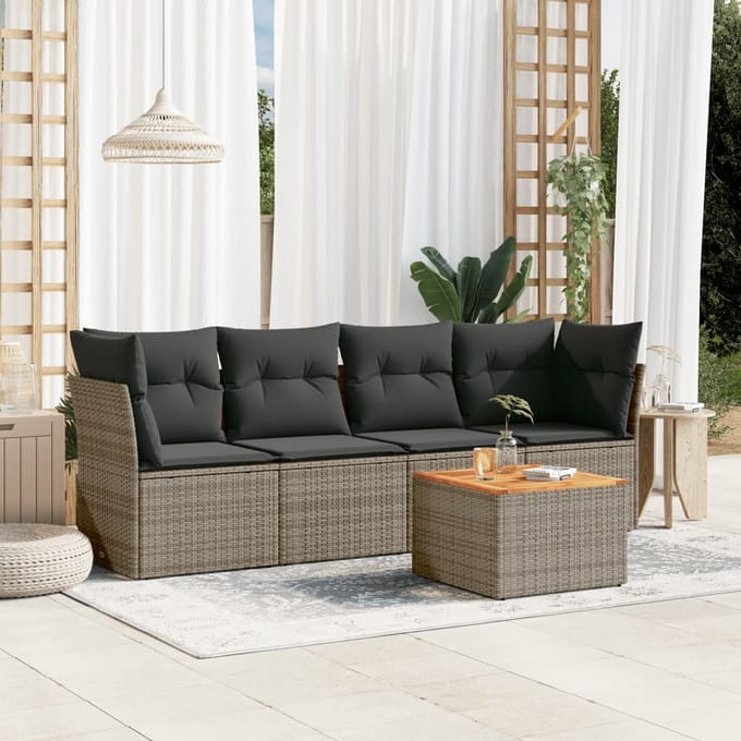 vidaXL - 5-delige - Loungeset - met - kussens - poly - rattan - grijs