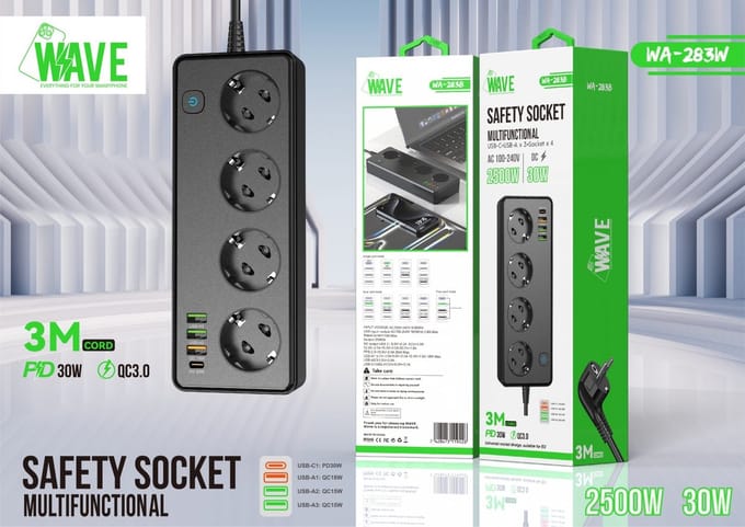 WAVE - Stekkerdoos met USB – 4-voudig Stopcontact + 3x USB-A & 1x USB-C – Met Schakelaar – Zwart