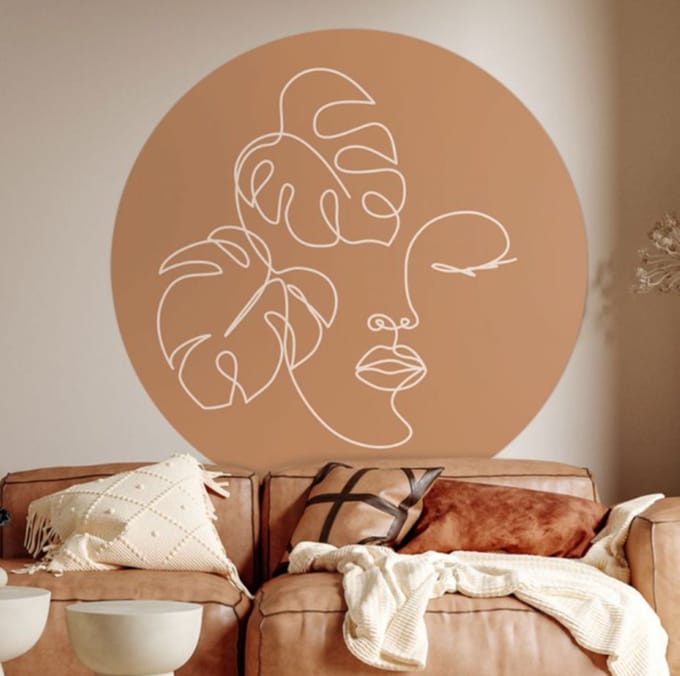 Behangcirkel 60cm Line art leafs brown - Wallz