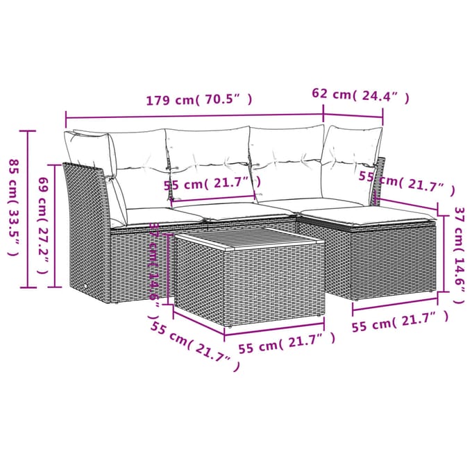 vidaXL - 5-delige - Loungeset - met - kussens - poly - rattan - beige