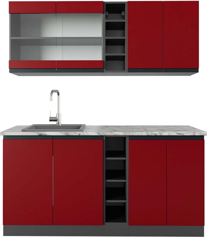 Vicco R-Line Eenpersoonskeuken – 160 cm, WB Marmer Rood/antraciet