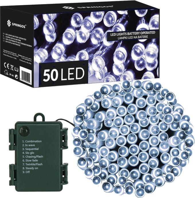 Springos Kerstverlichting | 5,5 m | Batterij | 50 LED | Koel Wit