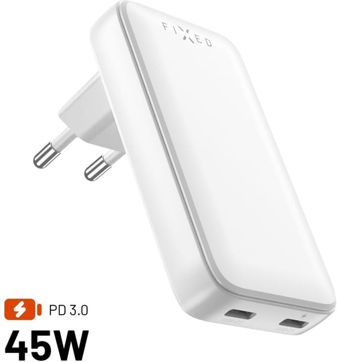 FIXED - Ultra slanke 2xUSB-C Reisoplader - met GaN, Power Delivery, 45W - Wit