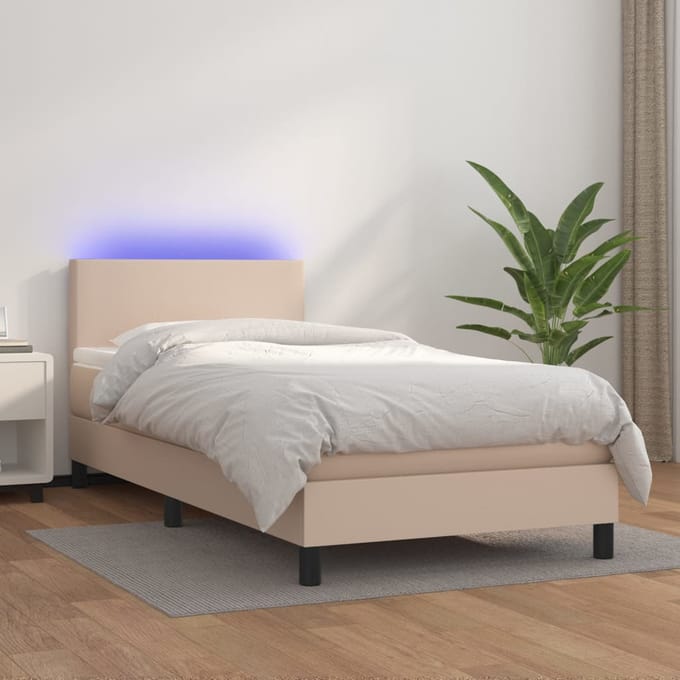 vidaXL - Boxspring - met - matras - en - LED - kunstleer - cappuccinokleur - 90x200 - cm