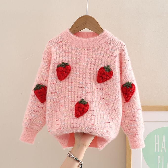 Schattige driedimensionale aardbeien pullover trui voor meisjes als basis winter gebreide top voor kinderen 120 beige
