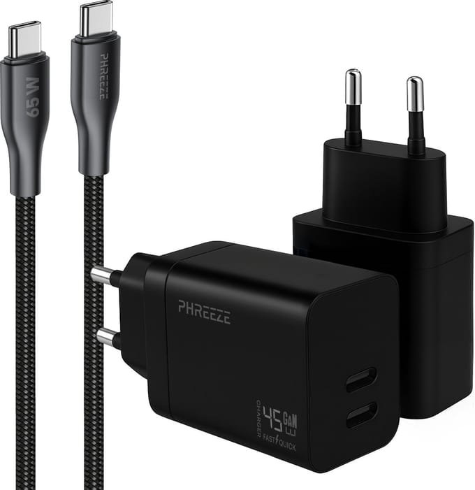Phreeze fast charger 45 W - Usb C naar usb C oplaadkabel 1 meter - PPS fast charger - Snellader met 2 poorten