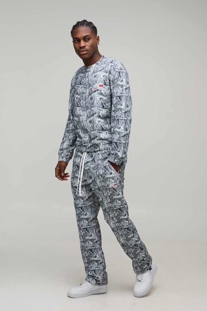 Oversized Boxy Camo sweatshirt met strikdetails op de manchetten, trainingspak | Grey | Size Medium