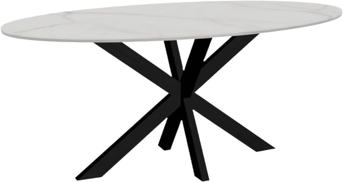Ovale Eettafel 180cm Marmerlook Wit Stoer Industrieel Onderstel