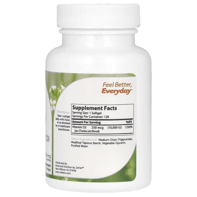 Zahler, Vitamine D3, Formule D3 avancée, 250 mcg (10 000 UI), 120 gélules