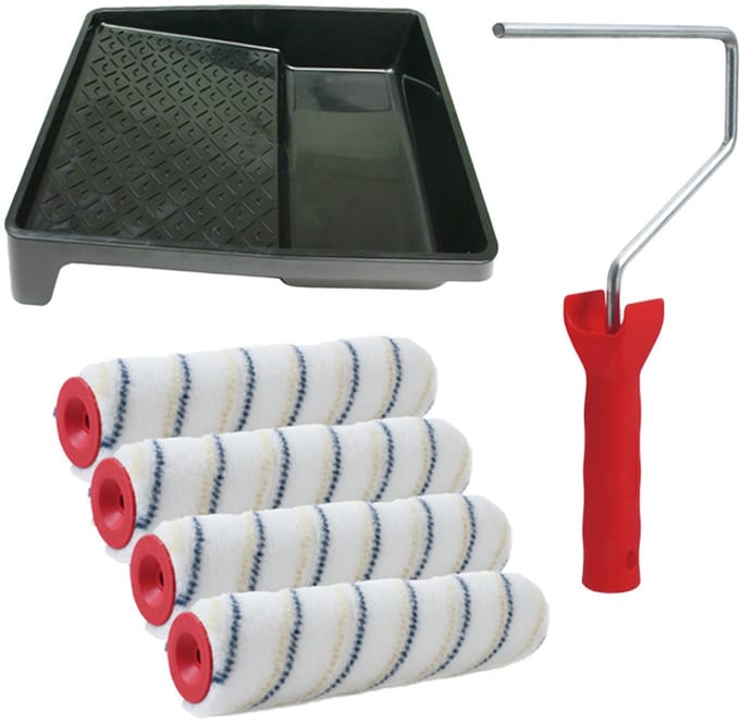 Sorex pluisvrije verfrollers schilderen set - met beugel en verfbak - 4x anti spat rollers - breedte 18 cm - dikte 6 cm