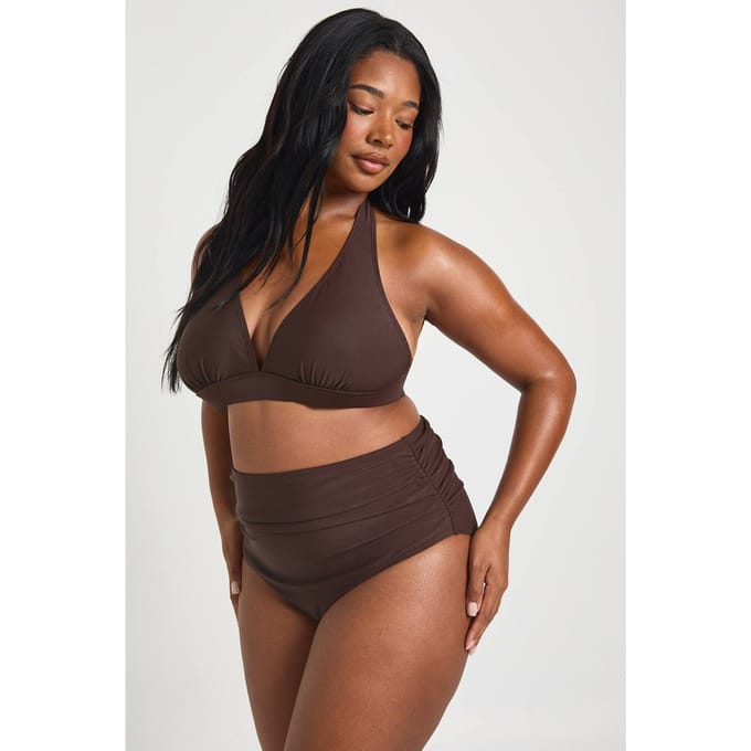 boohoo Dames Plus Essentials Gerimpelde Hoge Taille Slip | Chocolate | Maat: 28
