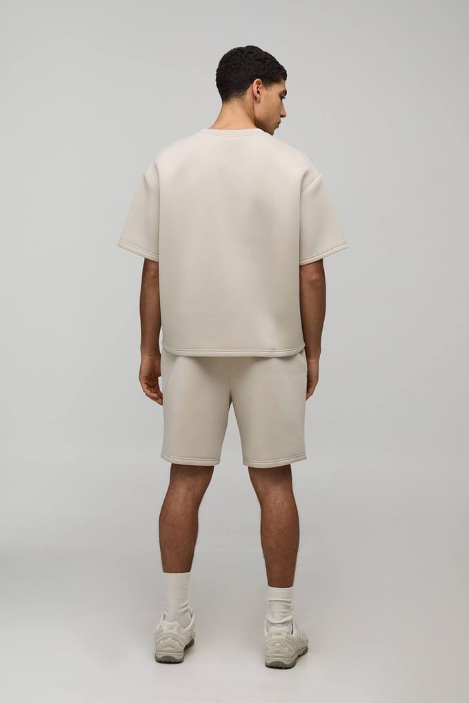 Oversized Boxy Bonded Scuba T-shirt & Ontspannen Short Set | Stone | Size Medium