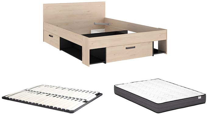 Vente-unique Bedframe hout zwart, natuurlijk licht 140 x 190 cm, 140 x 200 cm