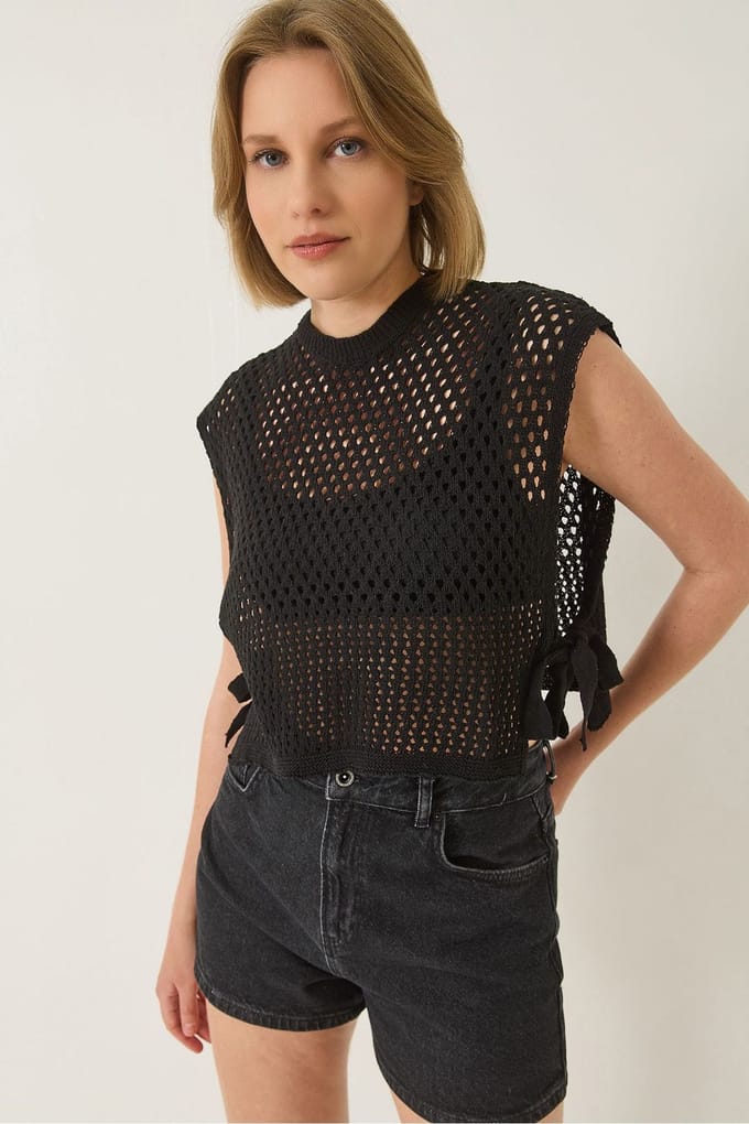 Gelaagde Losse Pas Crop Sweater Vest met Striksluiting