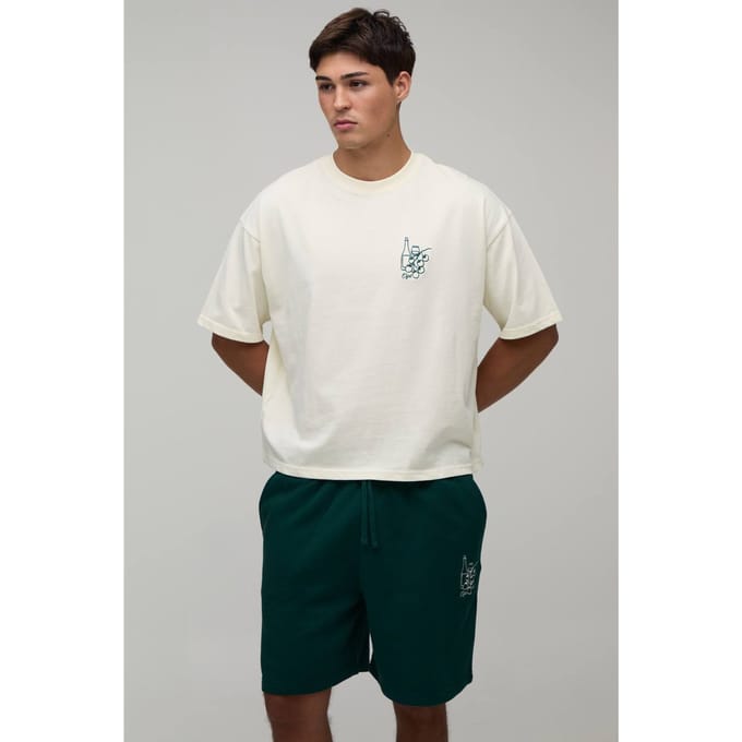 Oversized Boxy T-shirt Met Wijnborduursel & Wijde Korte Broek Set | Forest | Size Medium