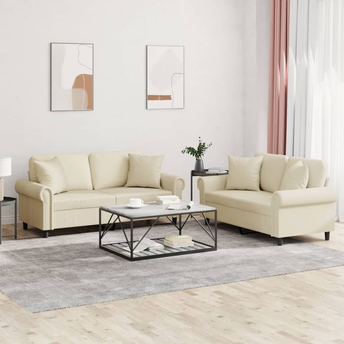 vidaXL - 2-delige - Loungeset - met - kussens - kunstleer - crèmekleurig