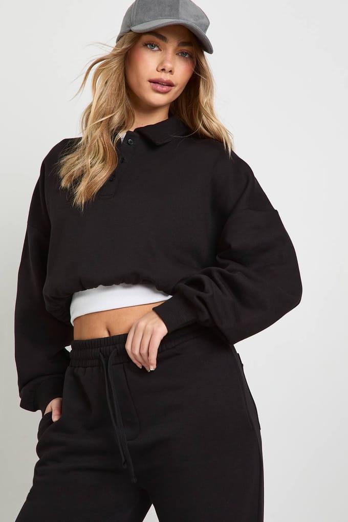 boohoo Dames Afgekorte Rugby Sweatshirt Trainingspak | Black | Maat: XL
