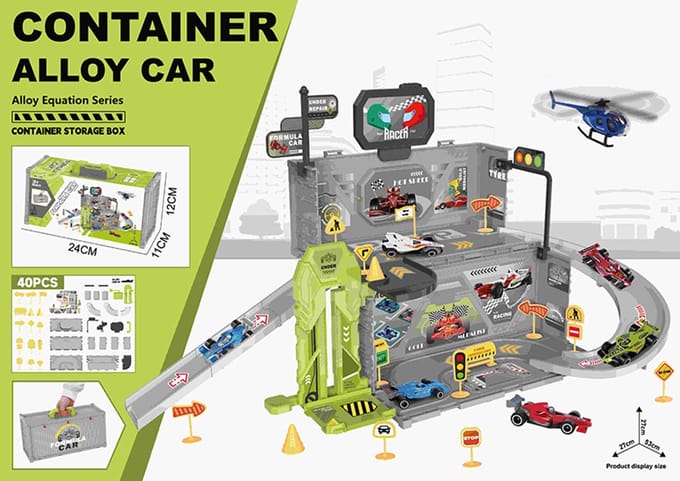 PitStop Container Autoparking - Racebaan - Speelgoed - Compact - 40 Stuks - Inclusief Lift en Accessoires