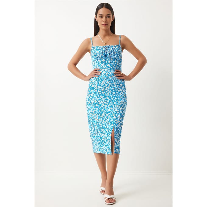 Bloemengebroken Ribbel Bodycon Midi-jurk met Split
