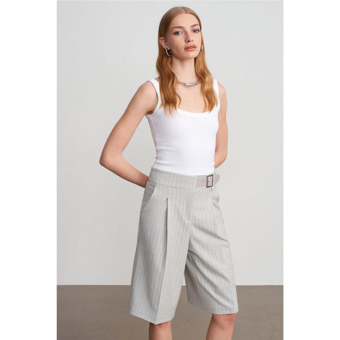 Hoge Taille Gestreepte Tailored Shorts Met Riem