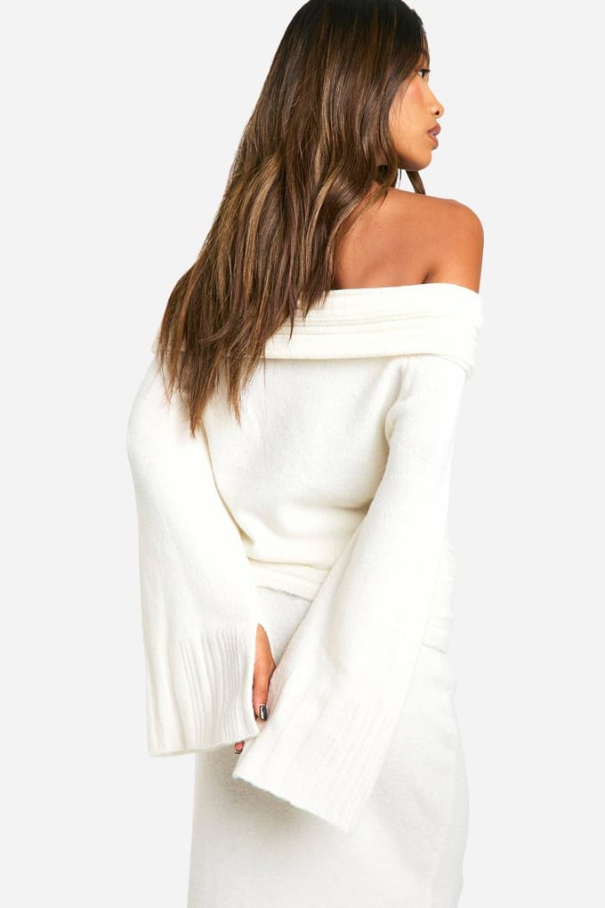 boohoo Dames Rib Edge Soft Knit Bardot Trui | Ecru | Maat: Large