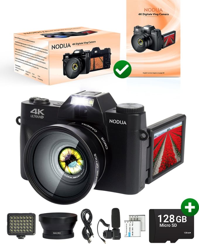 NODIJA Digitale Vlog Camera – Digitale Camera – 4K – Compact Fotocamera – Videocamera