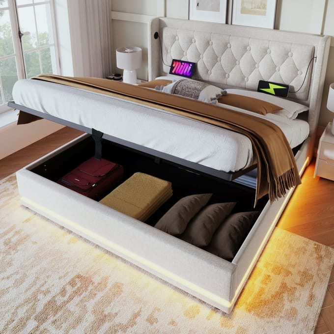 MODFU Bedframe 180x200 cm – Katoen met getuft wingback hoofdbord & LED – Hydraulisch – Beige