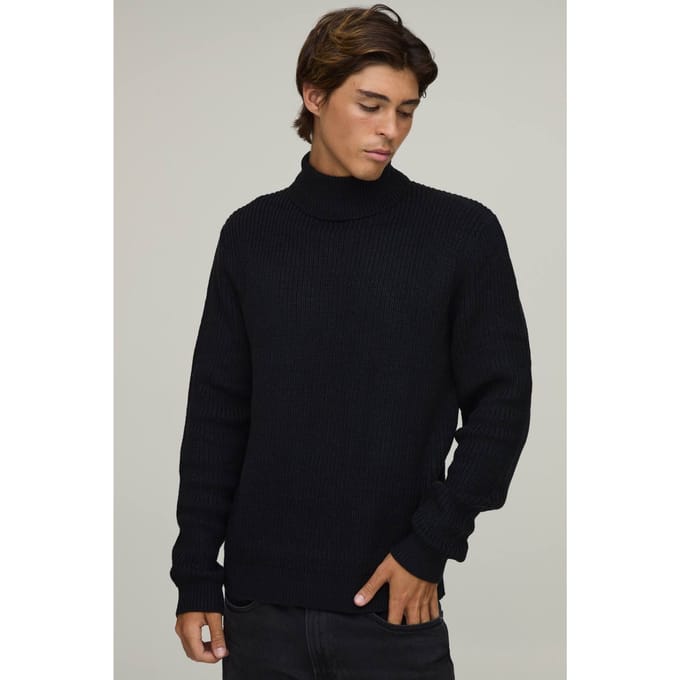 Regular Fit Coltrui Geribbelde Gebreide Trui | Black | Size Medium