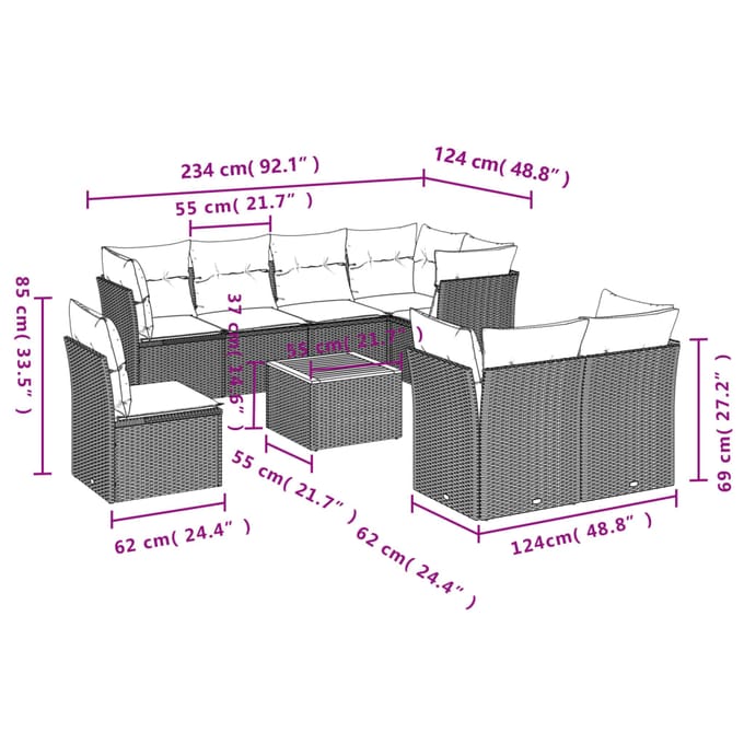vidaXL - 9-delige - Loungeset - met - kussens - poly - rattan - grijs