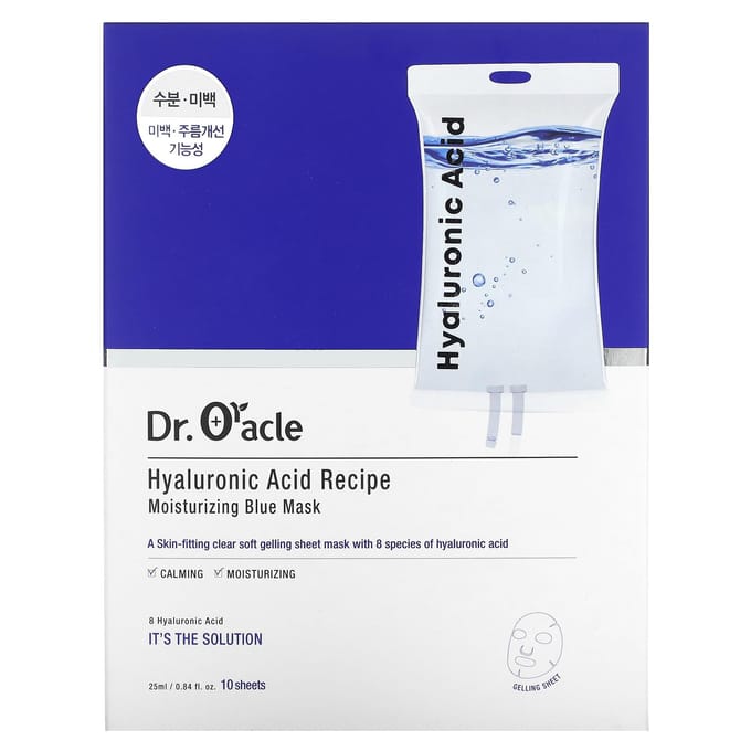 Dr. Oracle, Hyaluronzuurrecept, Hydraterend Blauw Schoonheidsmasker, 10 vellen, 25 ml (0,84 fl oz) white