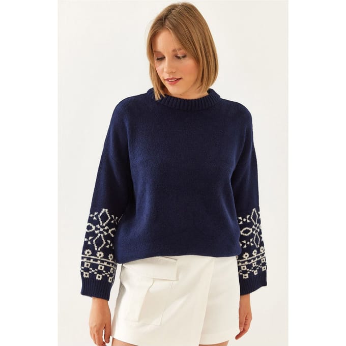 Ronde Hals Jacquard Gebreide Trui met Borduring