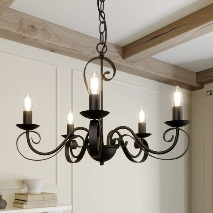 Lindby - kroonluchter - 5lichts - metaal - H: 38 cm - E14 - antiek bruin